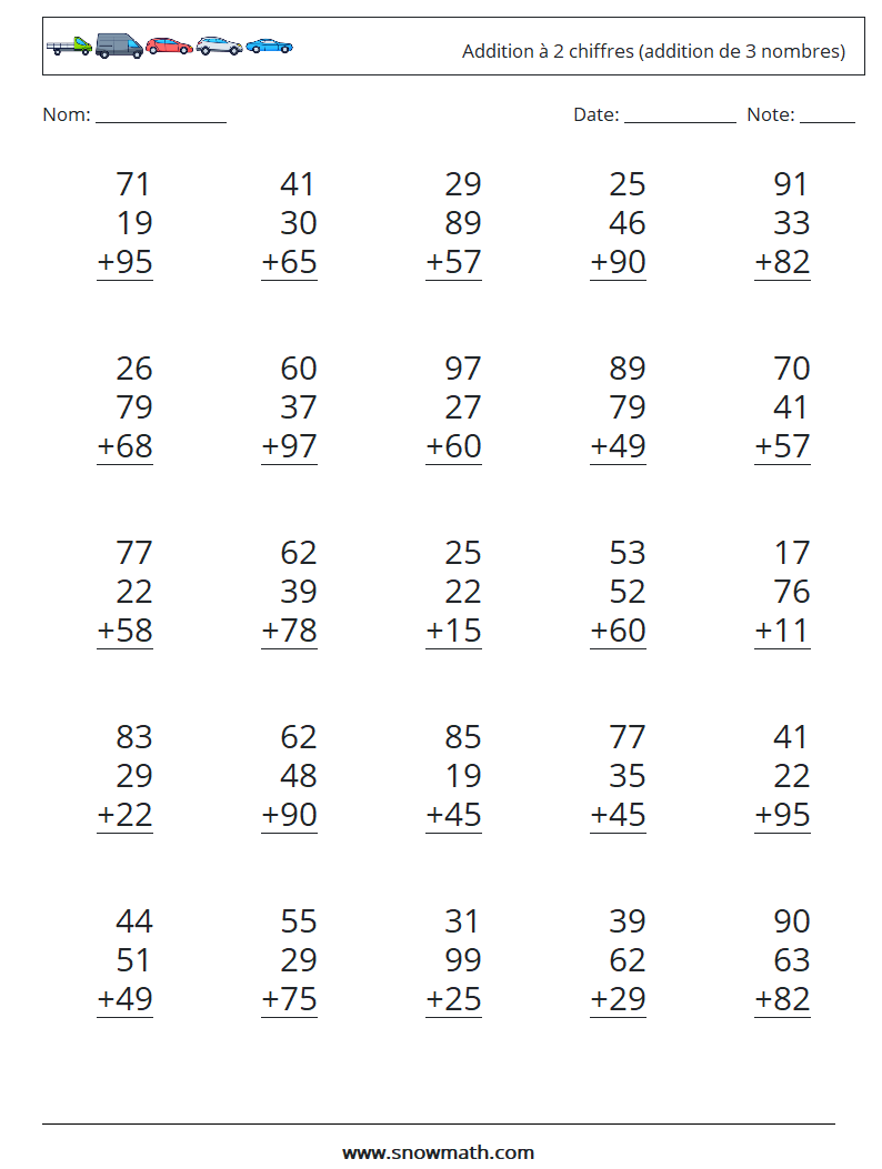 (25) Addition à 2 chiffres (addition de 3 nombres) Fiches d'Exercices de Mathématiques 8