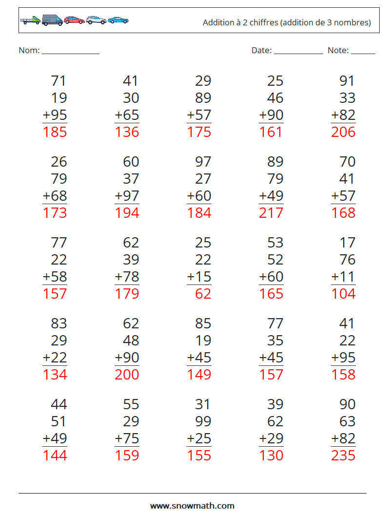 (25) Addition à 2 chiffres (addition de 3 nombres) Fiches d'Exercices de Mathématiques 8 Question, Réponse