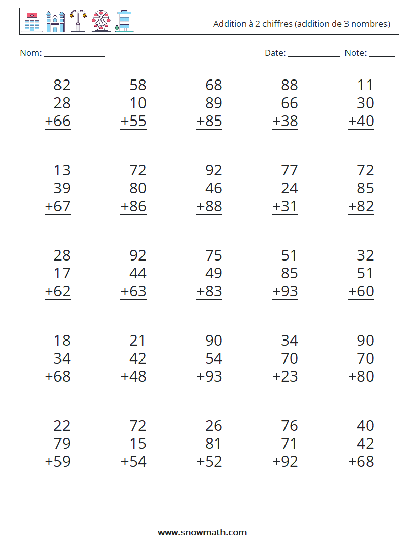 (25) Addition à 2 chiffres (addition de 3 nombres) Fiches d'Exercices de Mathématiques 9