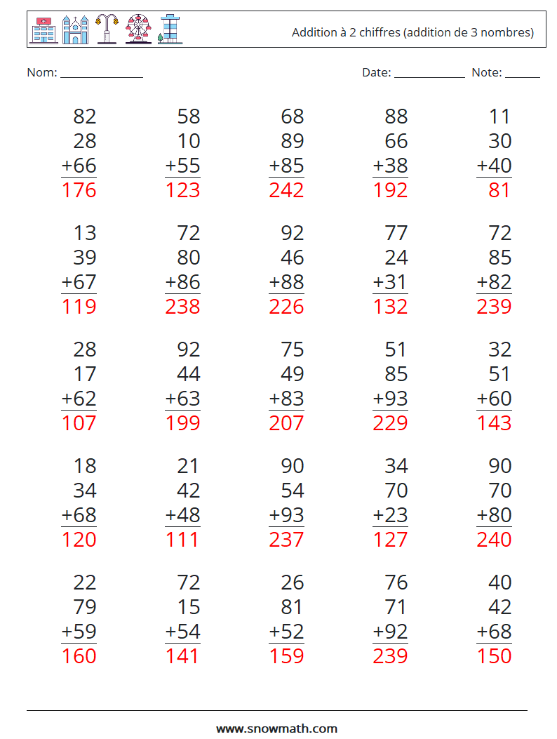 (25) Addition à 2 chiffres (addition de 3 nombres) Fiches d'Exercices de Mathématiques 9 Question, Réponse