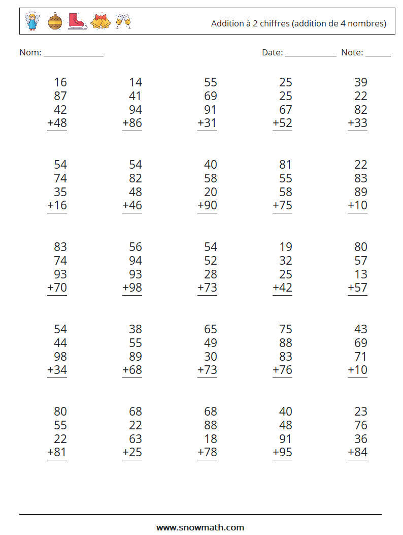 (25) Addition à 2 chiffres (addition de 4 nombres) Fiches d'Exercices de Mathématiques 1