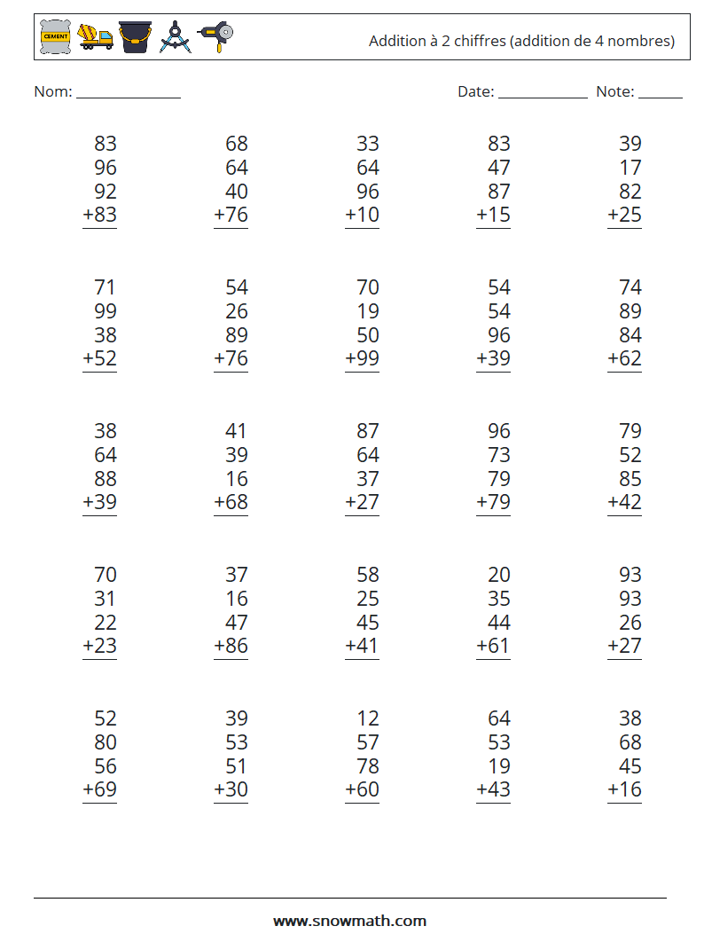 (25) Addition à 2 chiffres (addition de 4 nombres) Fiches d'Exercices de Mathématiques 10