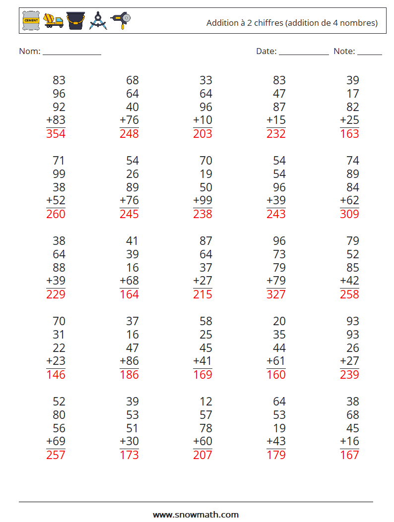 (25) Addition à 2 chiffres (addition de 4 nombres) Fiches d'Exercices de Mathématiques 10 Question, Réponse