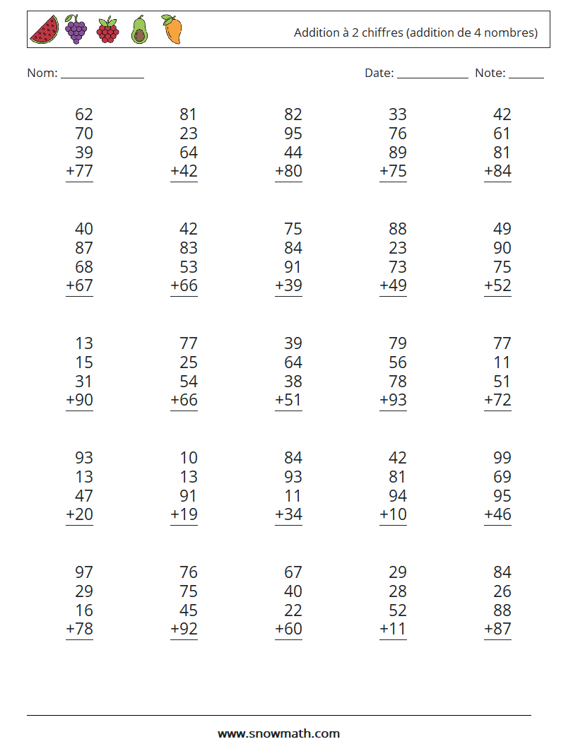 (25) Addition à 2 chiffres (addition de 4 nombres) Fiches d'Exercices de Mathématiques 11