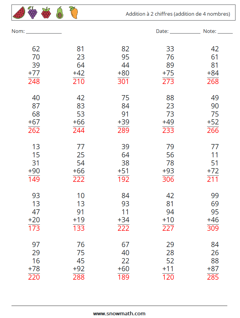 (25) Addition à 2 chiffres (addition de 4 nombres) Fiches d'Exercices de Mathématiques 11 Question, Réponse