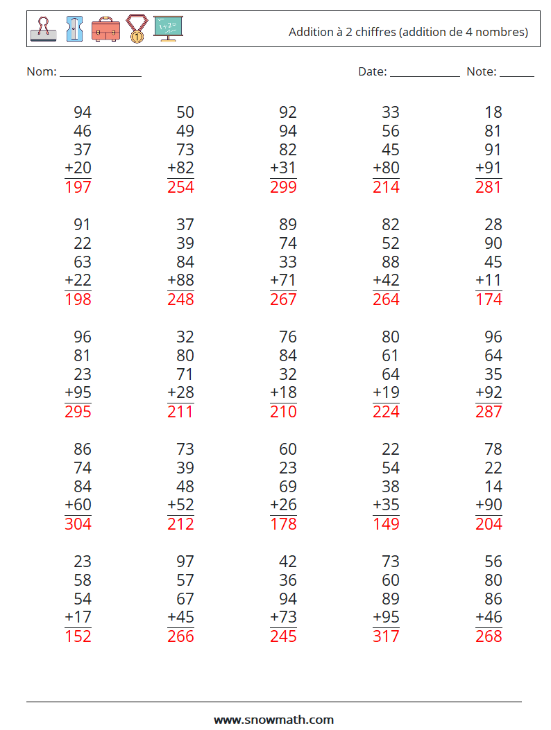 (25) Addition à 2 chiffres (addition de 4 nombres) Fiches d'Exercices de Mathématiques 12 Question, Réponse