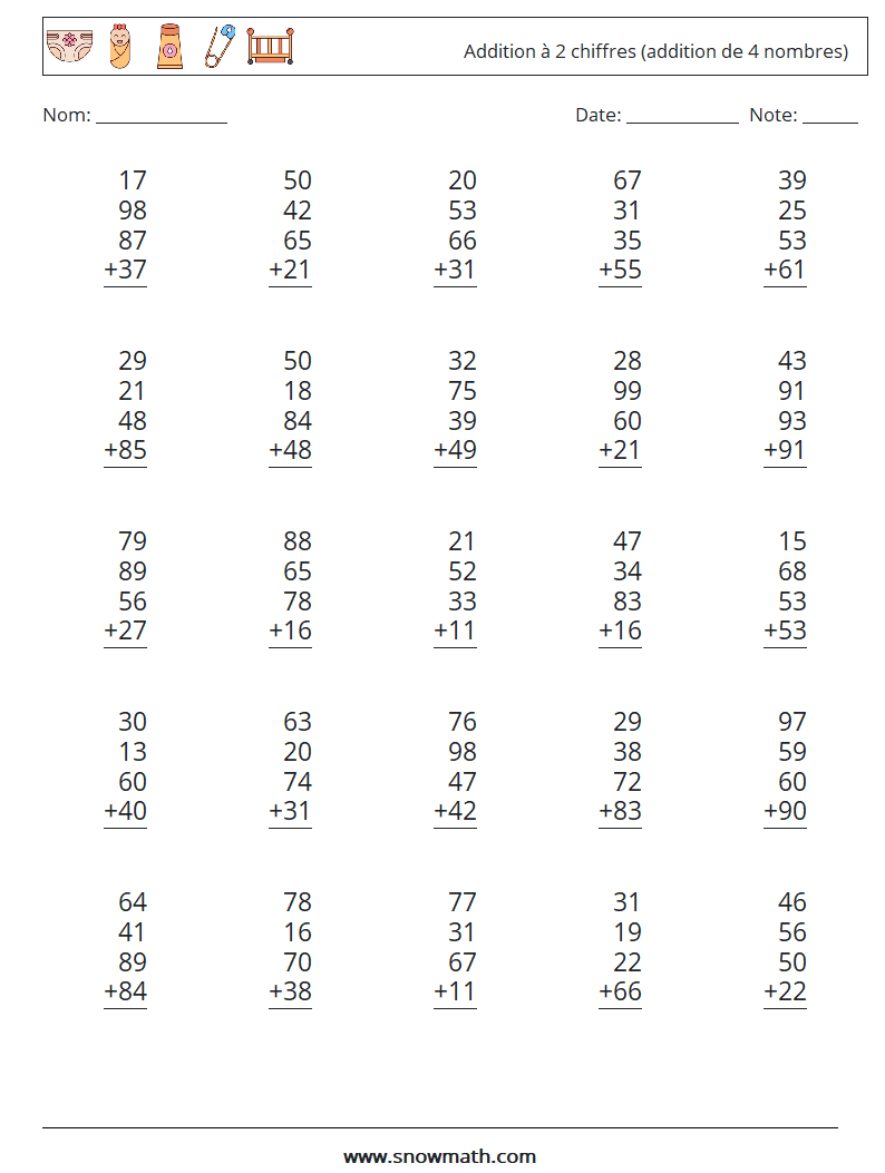 (25) Addition à 2 chiffres (addition de 4 nombres) Fiches d'Exercices de Mathématiques 13