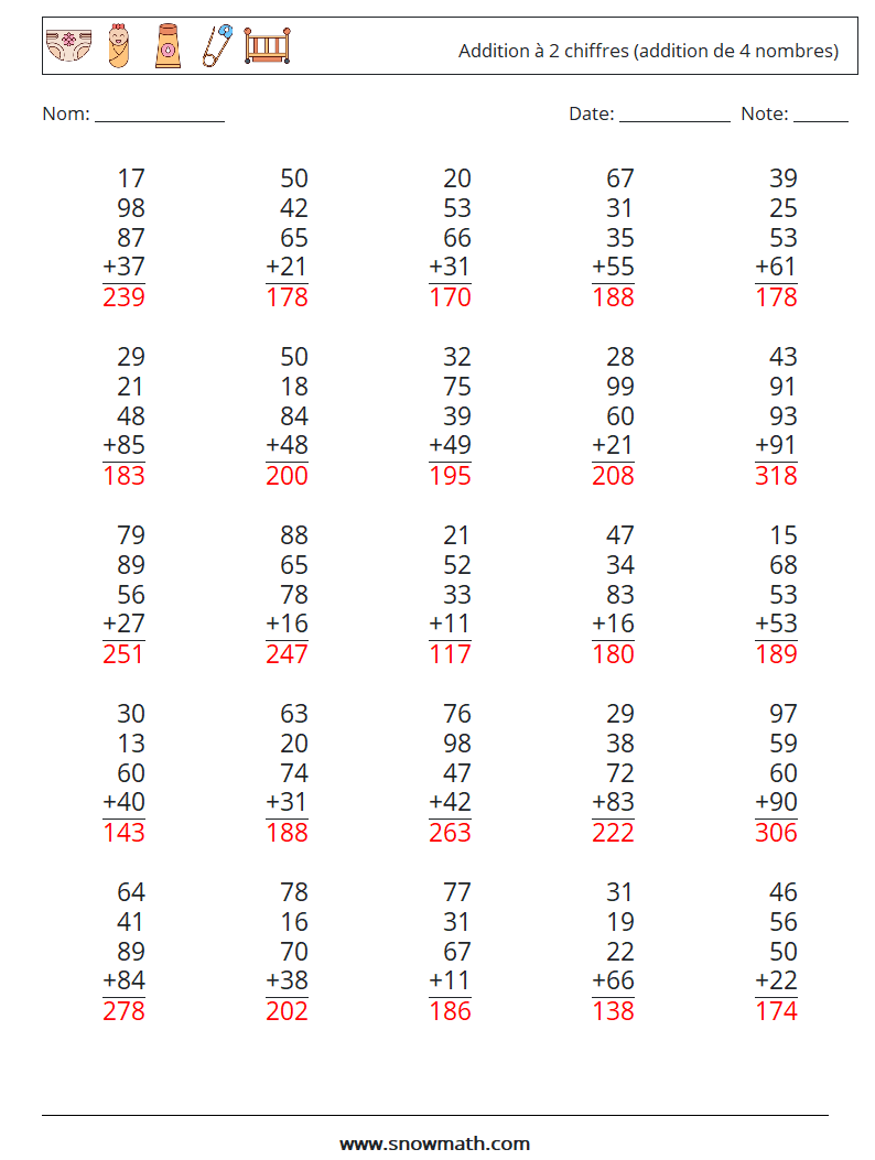 (25) Addition à 2 chiffres (addition de 4 nombres) Fiches d'Exercices de Mathématiques 13 Question, Réponse