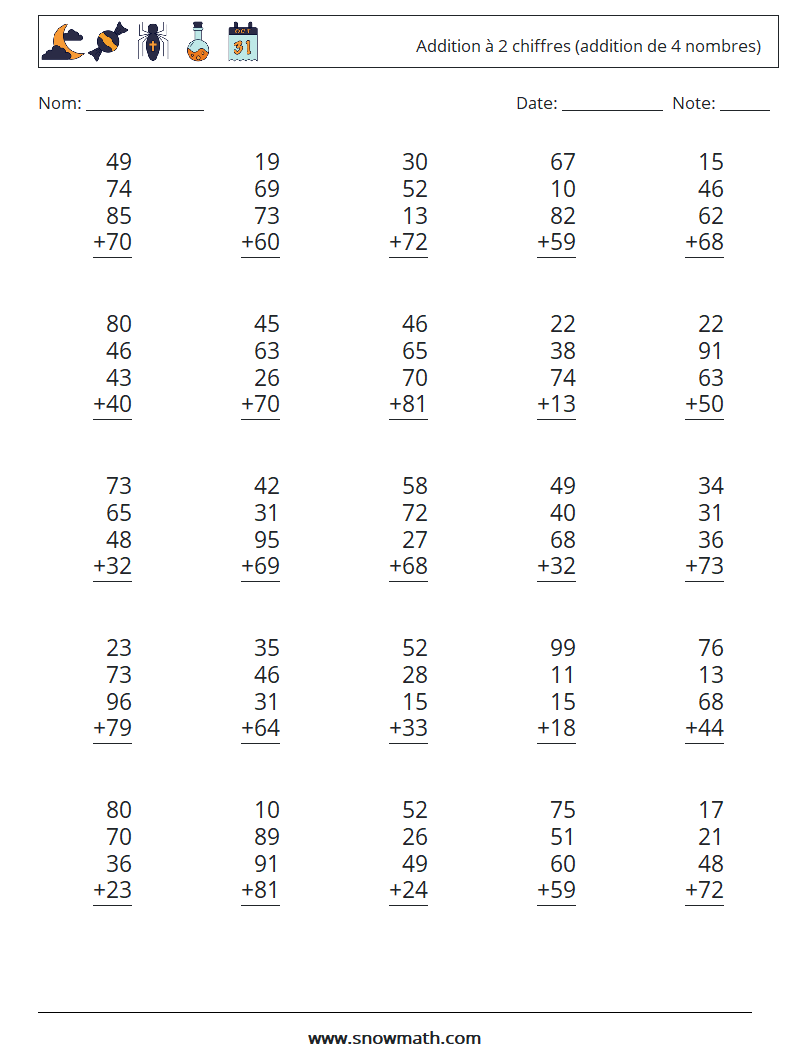 (25) Addition à 2 chiffres (addition de 4 nombres) Fiches d'Exercices de Mathématiques 14