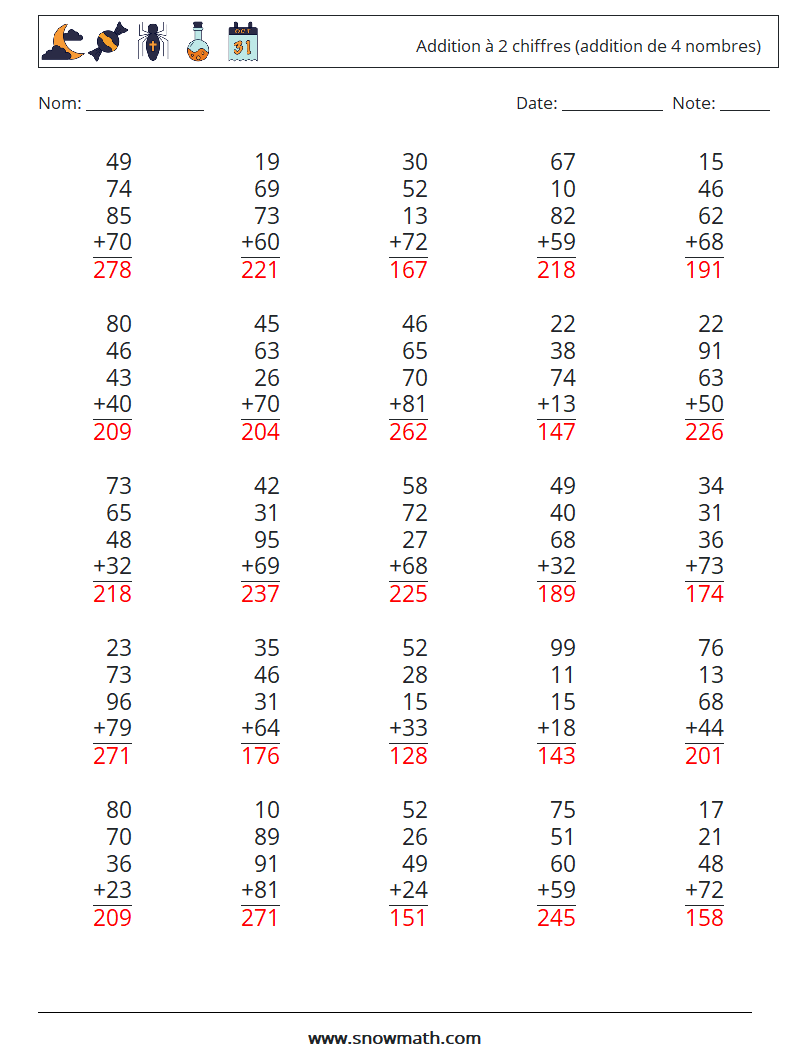 (25) Addition à 2 chiffres (addition de 4 nombres) Fiches d'Exercices de Mathématiques 14 Question, Réponse