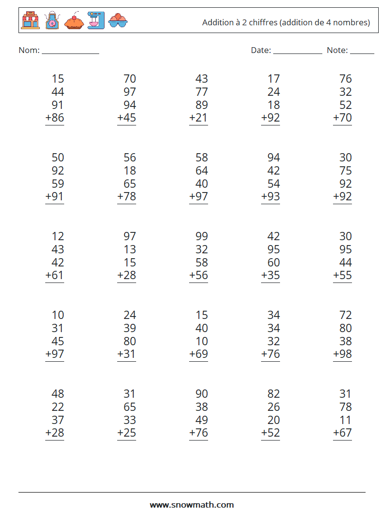 (25) Addition à 2 chiffres (addition de 4 nombres) Fiches d'Exercices de Mathématiques 15