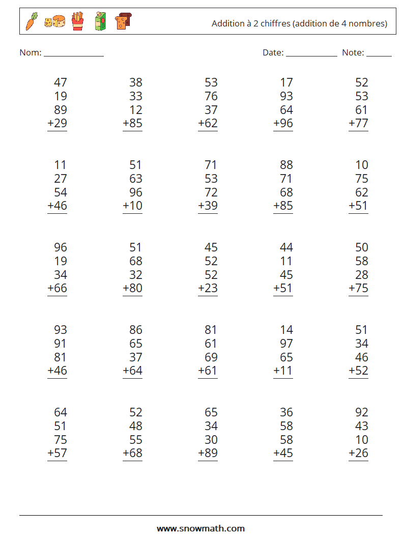 (25) Addition à 2 chiffres (addition de 4 nombres) Fiches d'Exercices de Mathématiques 16