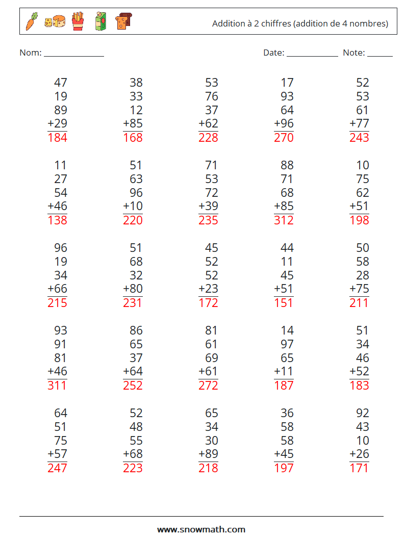 (25) Addition à 2 chiffres (addition de 4 nombres) Fiches d'Exercices de Mathématiques 16 Question, Réponse