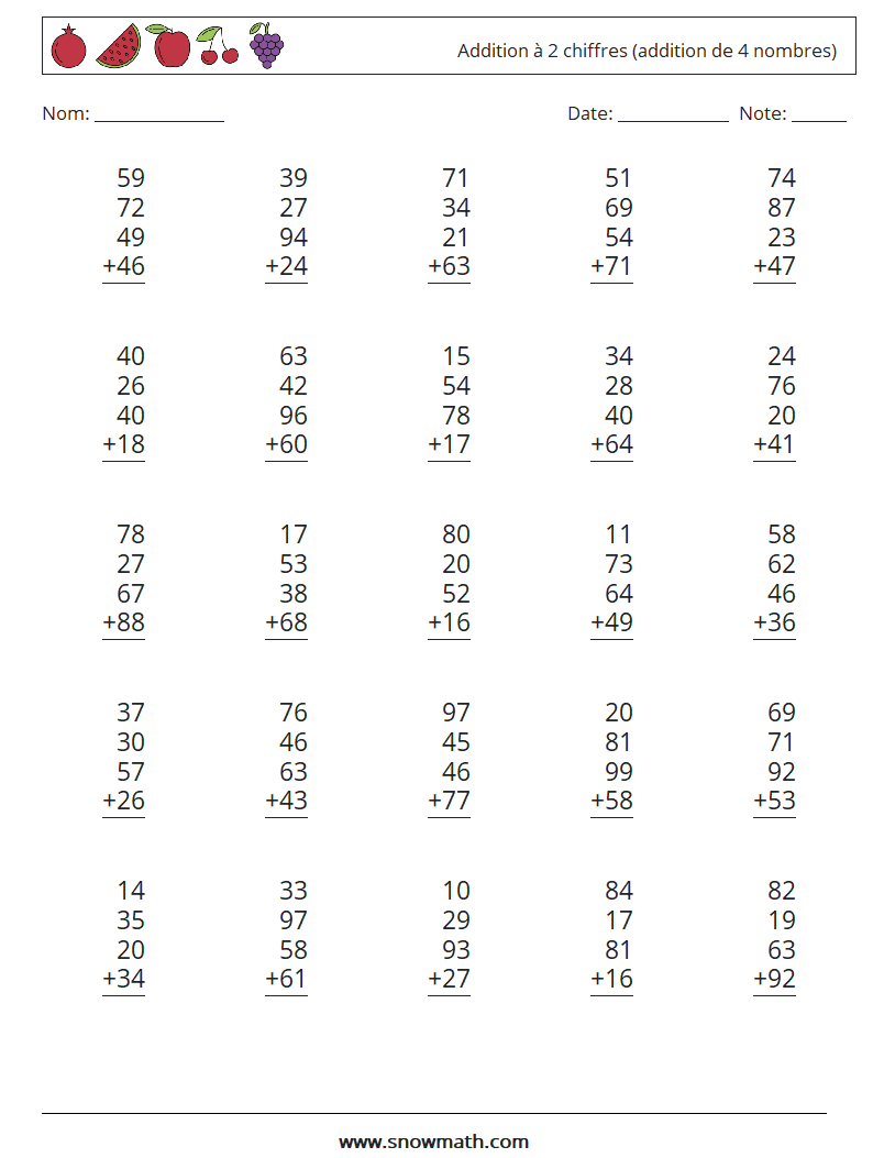 (25) Addition à 2 chiffres (addition de 4 nombres) Fiches d'Exercices de Mathématiques 17