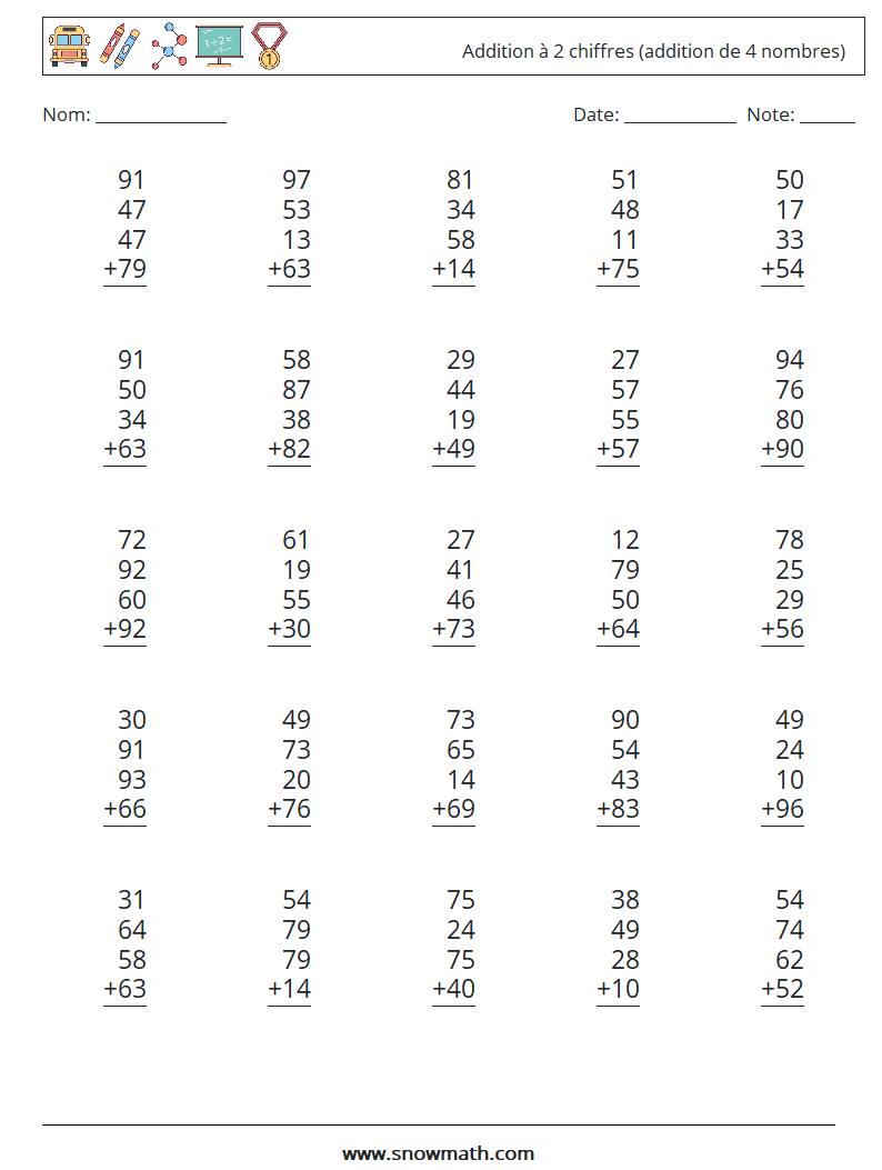 (25) Addition à 2 chiffres (addition de 4 nombres) Fiches d'Exercices de Mathématiques 18