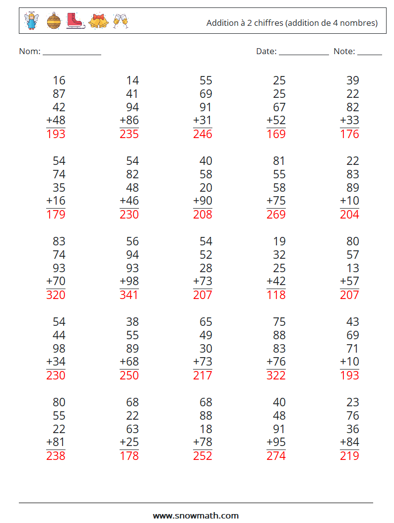 (25) Addition à 2 chiffres (addition de 4 nombres) Fiches d'Exercices de Mathématiques 1 Question, Réponse