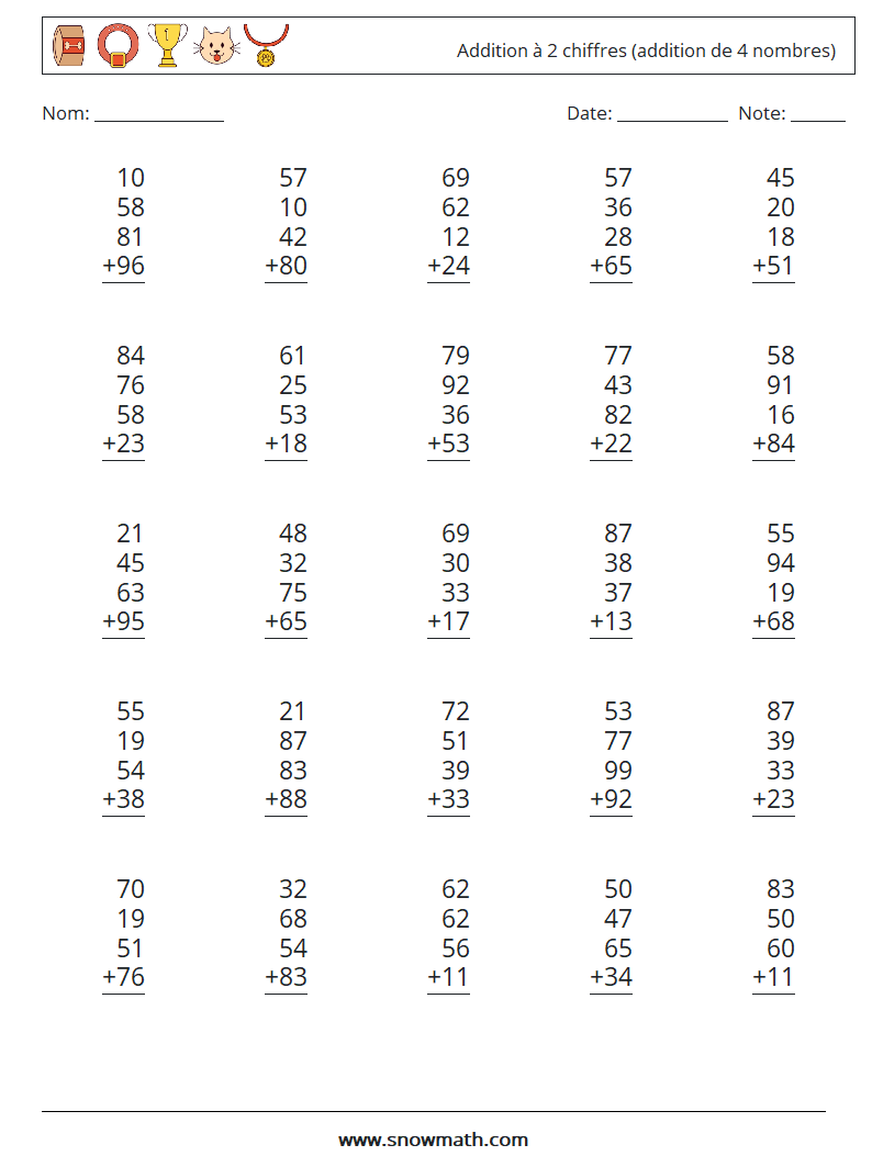 (25) Addition à 2 chiffres (addition de 4 nombres) Fiches d'Exercices de Mathématiques 2