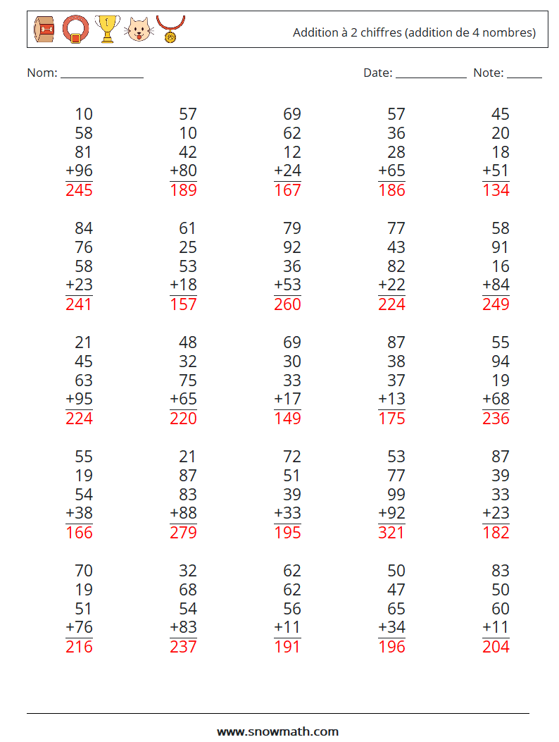 (25) Addition à 2 chiffres (addition de 4 nombres) Fiches d'Exercices de Mathématiques 2 Question, Réponse