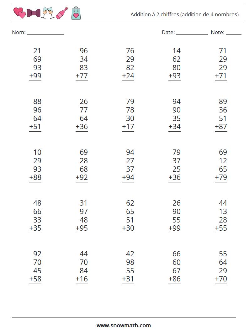 (25) Addition à 2 chiffres (addition de 4 nombres) Fiches d'Exercices de Mathématiques 3