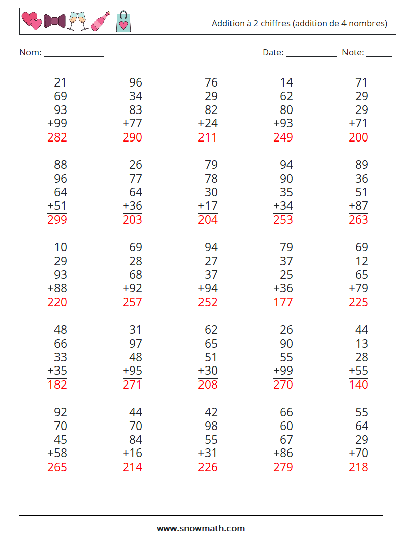 (25) Addition à 2 chiffres (addition de 4 nombres) Fiches d'Exercices de Mathématiques 3 Question, Réponse