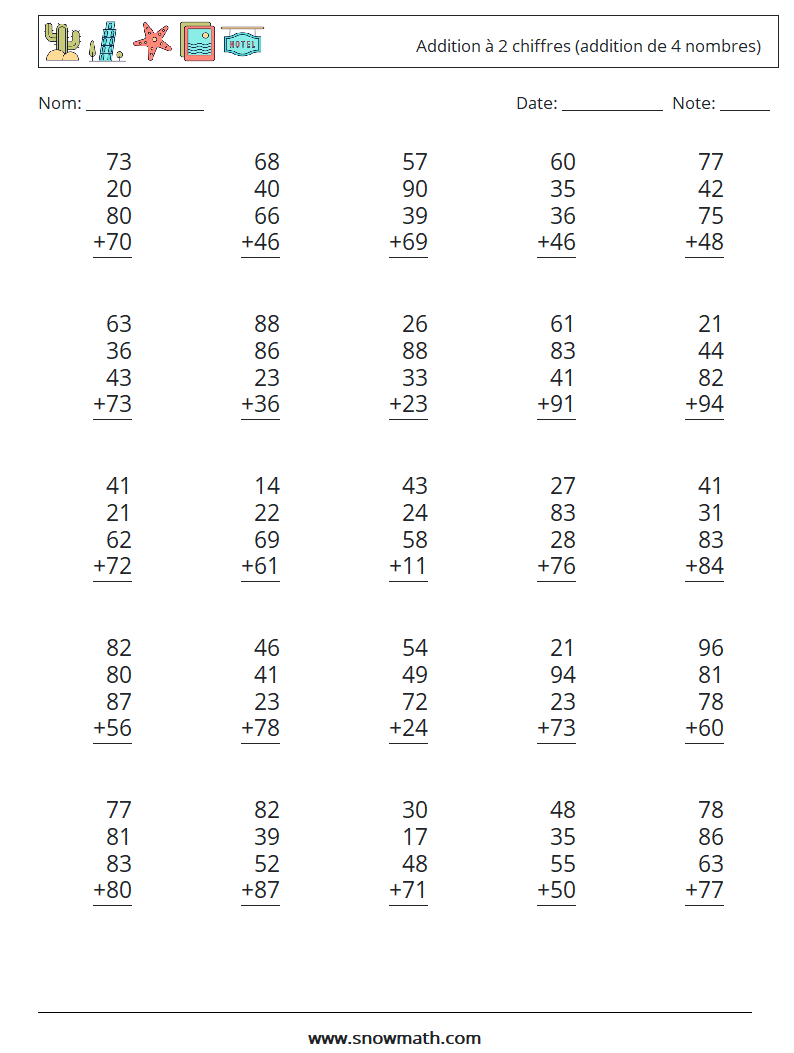 (25) Addition à 2 chiffres (addition de 4 nombres) Fiches d'Exercices de Mathématiques 4