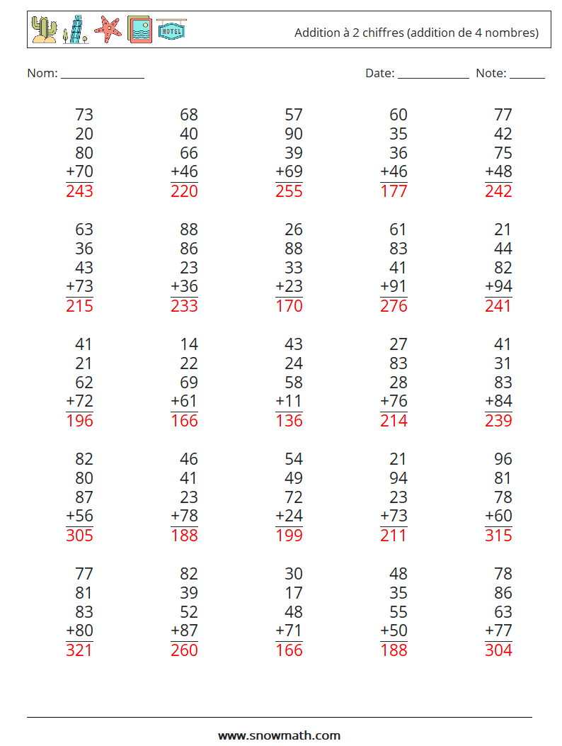 (25) Addition à 2 chiffres (addition de 4 nombres) Fiches d'Exercices de Mathématiques 4 Question, Réponse