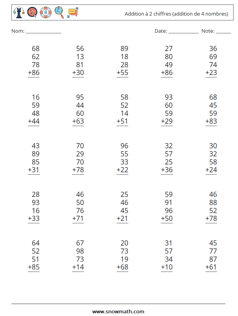 (25) Addition à 2 chiffres (addition de 4 nombres) Fiches d'Exercices de Mathématiques 5