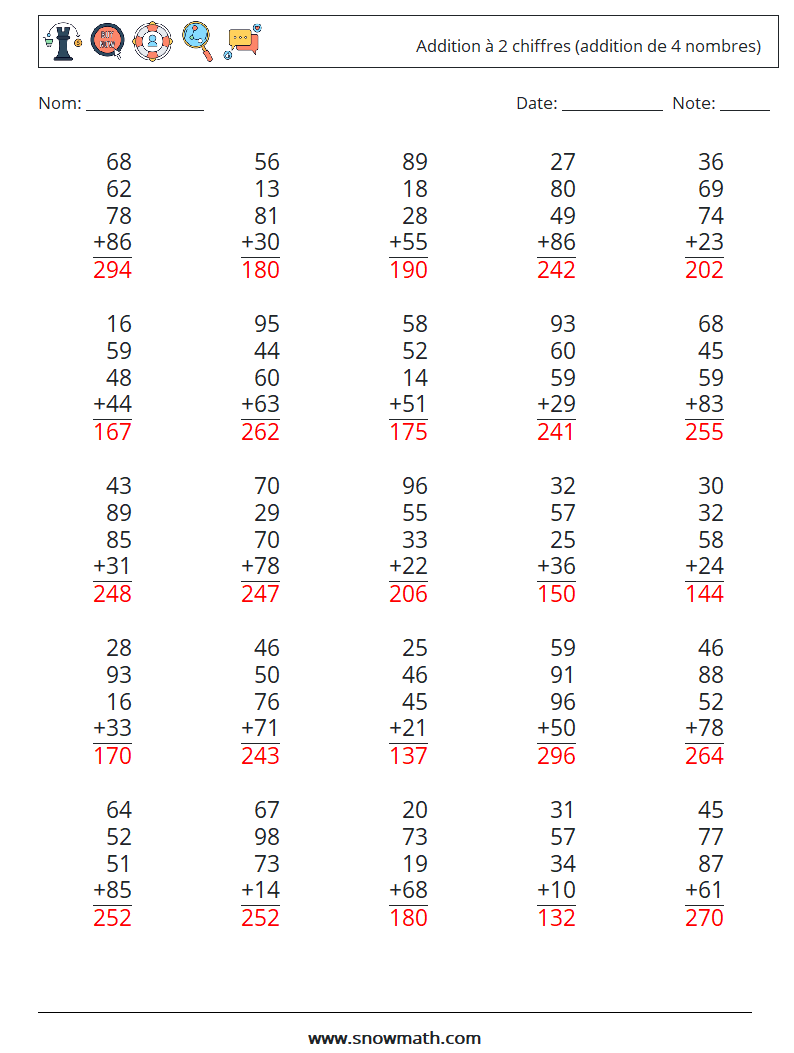 (25) Addition à 2 chiffres (addition de 4 nombres) Fiches d'Exercices de Mathématiques 5 Question, Réponse