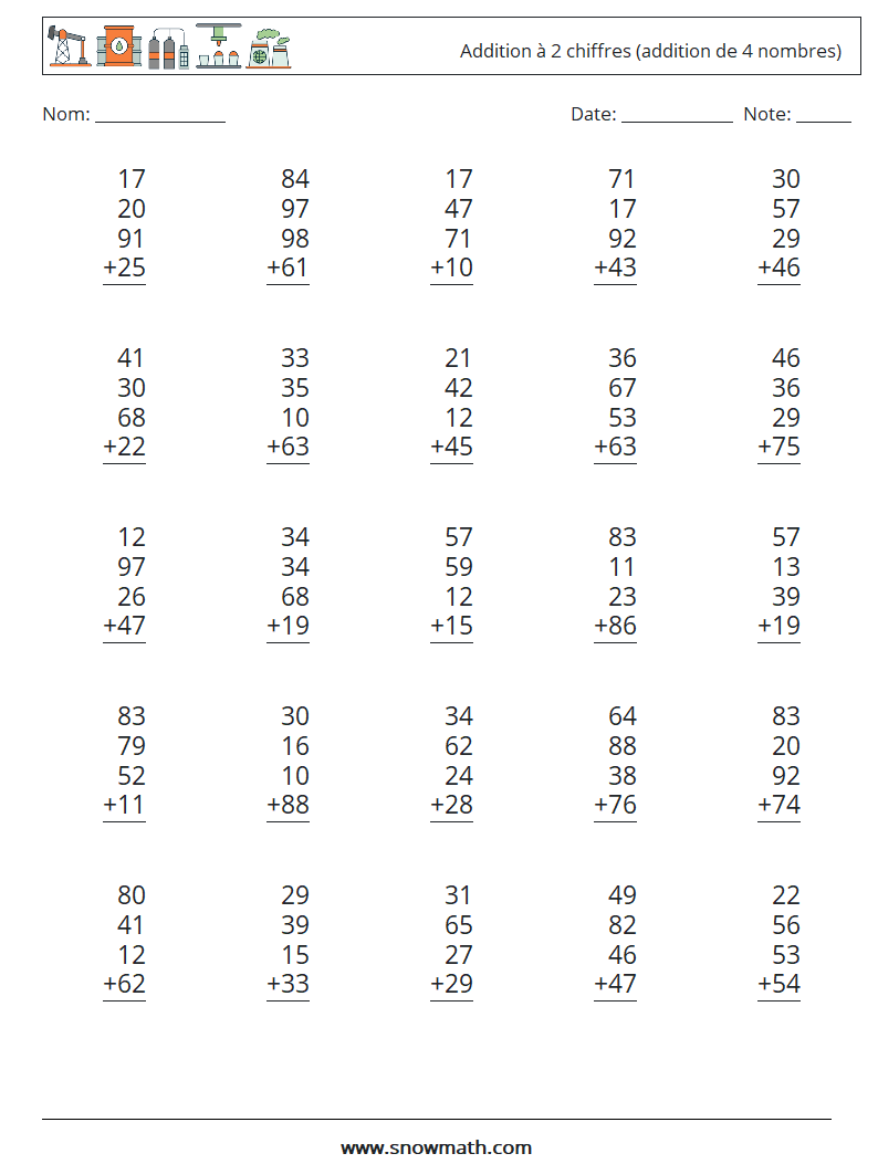 (25) Addition à 2 chiffres (addition de 4 nombres) Fiches d'Exercices de Mathématiques 6