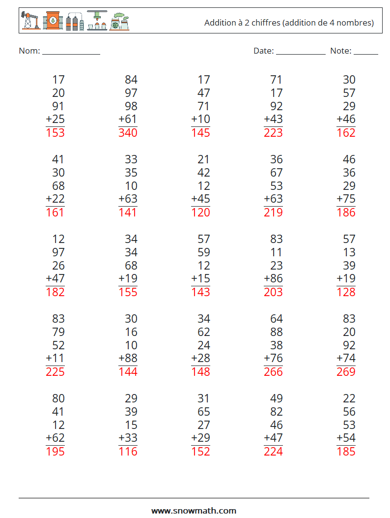 (25) Addition à 2 chiffres (addition de 4 nombres) Fiches d'Exercices de Mathématiques 6 Question, Réponse