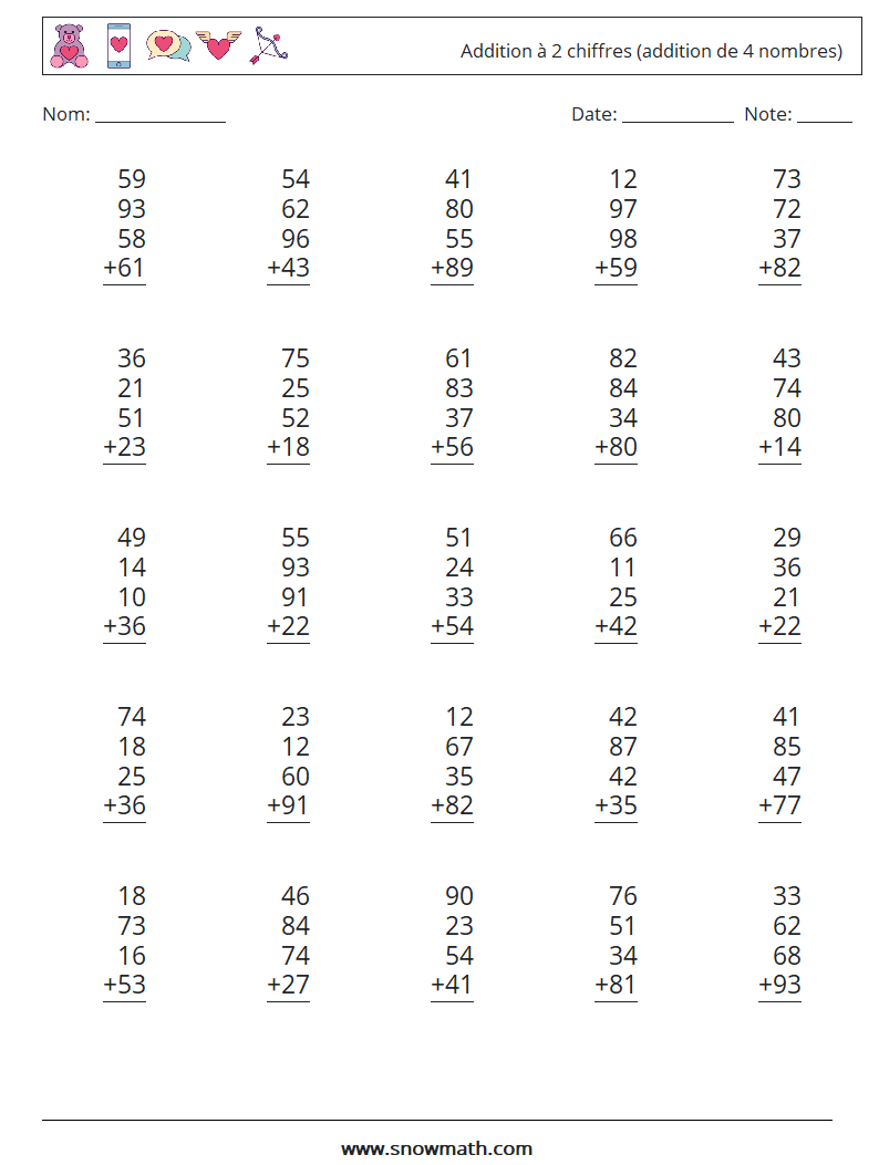 (25) Addition à 2 chiffres (addition de 4 nombres) Fiches d'Exercices de Mathématiques 7