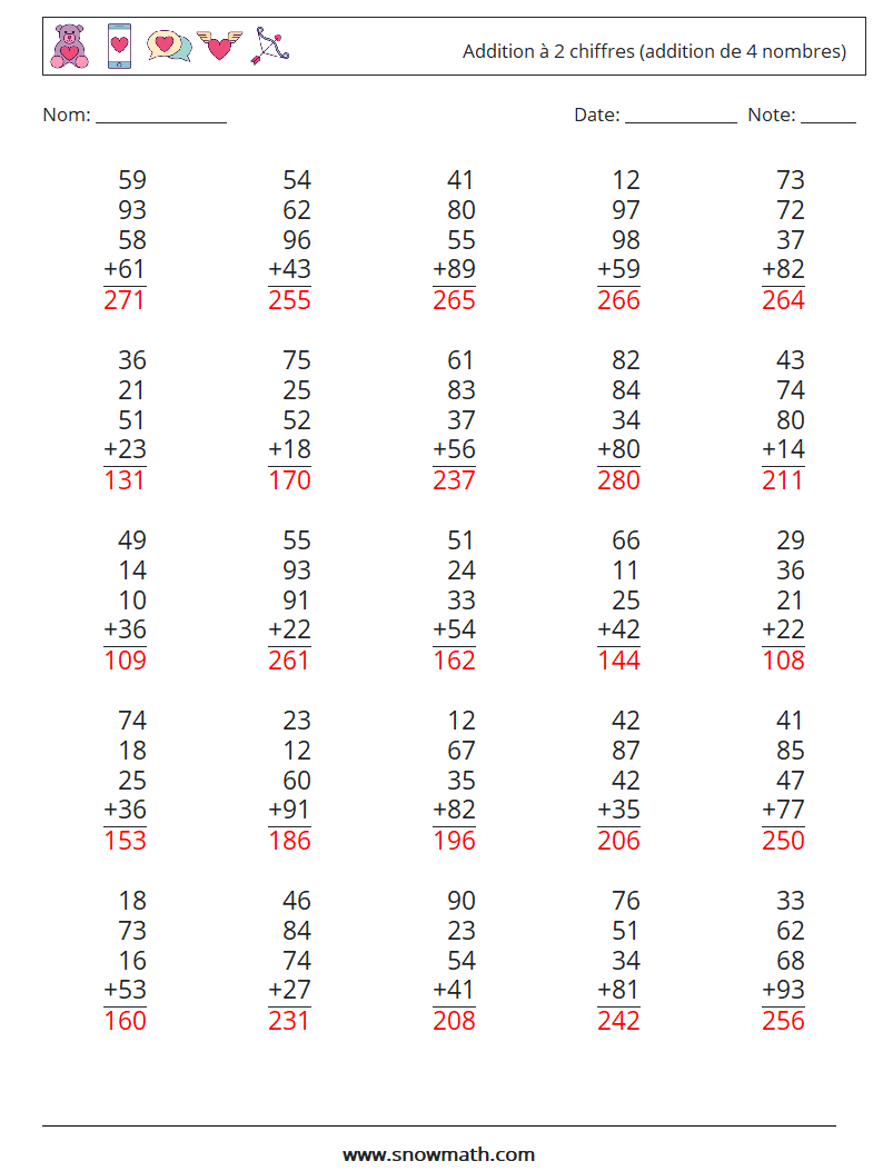 (25) Addition à 2 chiffres (addition de 4 nombres) Fiches d'Exercices de Mathématiques 7 Question, Réponse