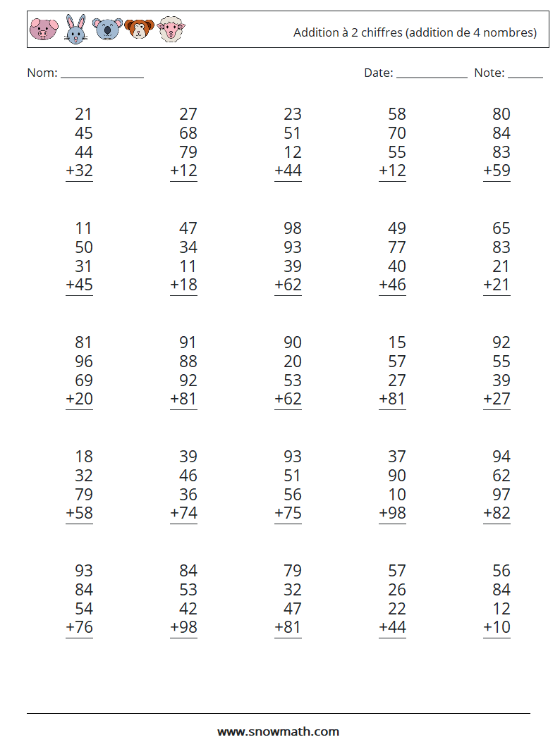 (25) Addition à 2 chiffres (addition de 4 nombres) Fiches d'Exercices de Mathématiques 8