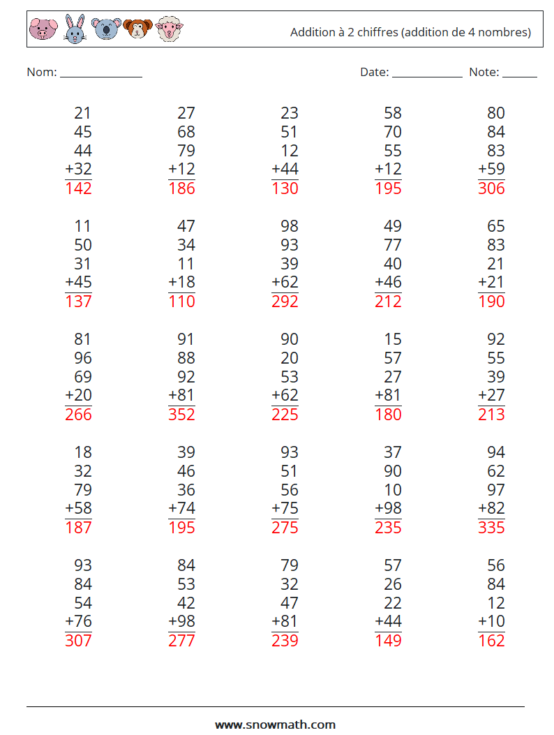 (25) Addition à 2 chiffres (addition de 4 nombres) Fiches d'Exercices de Mathématiques 8 Question, Réponse