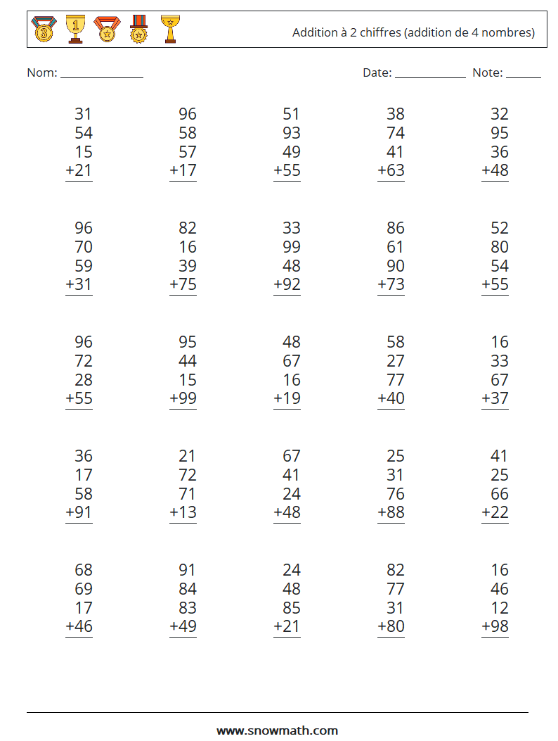 (25) Addition à 2 chiffres (addition de 4 nombres) Fiches d'Exercices de Mathématiques 9