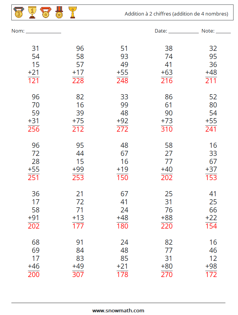 (25) Addition à 2 chiffres (addition de 4 nombres) Fiches d'Exercices de Mathématiques 9 Question, Réponse