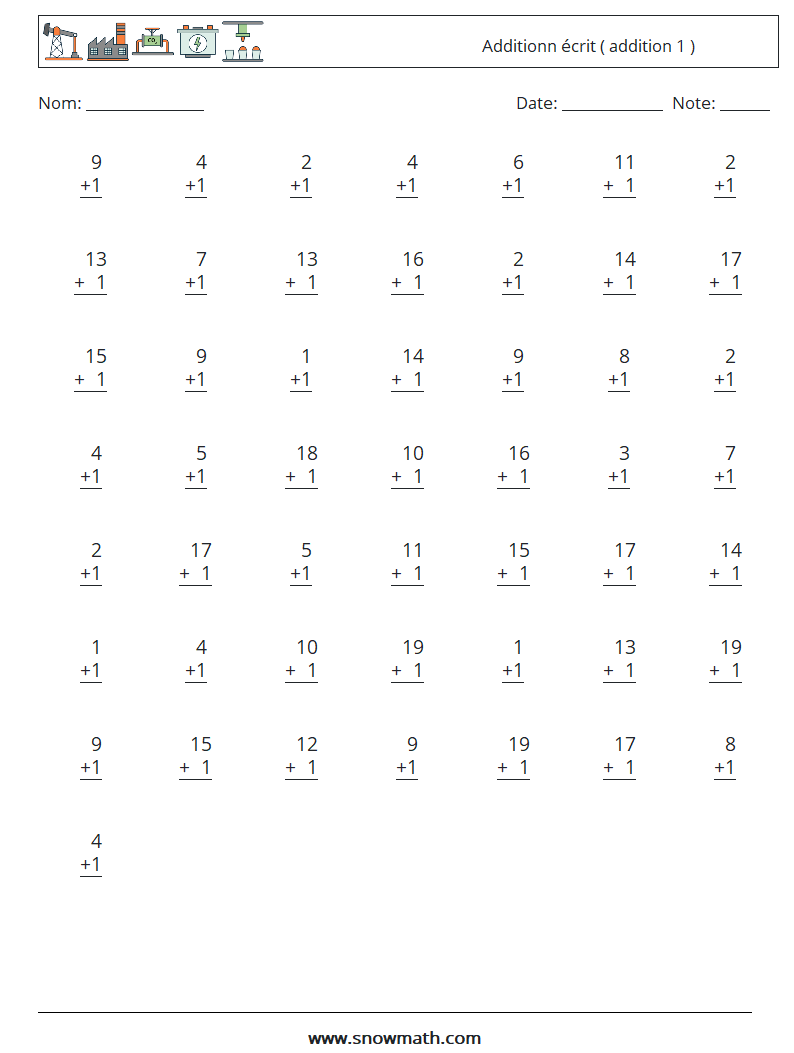 (50) Additionn écrit ( addition 1 ) Fiches d'Exercices de Mathématiques 10