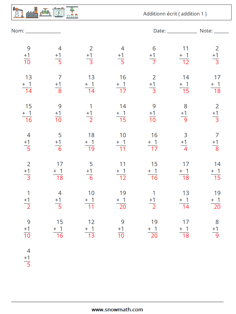 (50) Additionn écrit ( addition 1 ) Fiches d'Exercices de Mathématiques 10 Question, Réponse