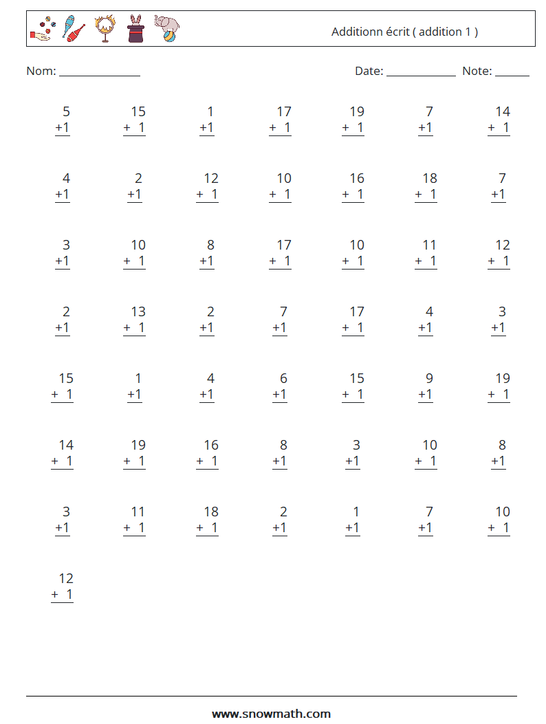 (50) Additionn écrit ( addition 1 ) Fiches d'Exercices de Mathématiques 11