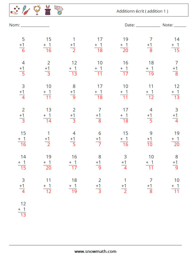 (50) Additionn écrit ( addition 1 ) Fiches d'Exercices de Mathématiques 11 Question, Réponse