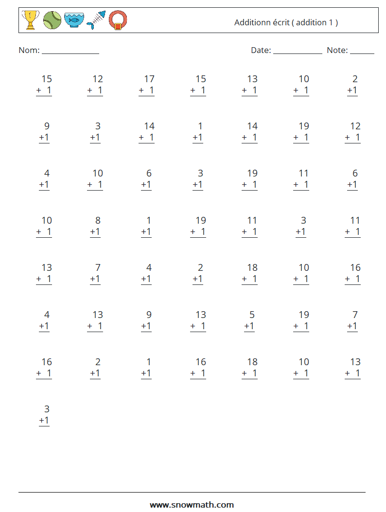 (50) Additionn écrit ( addition 1 ) Fiches d'Exercices de Mathématiques 12