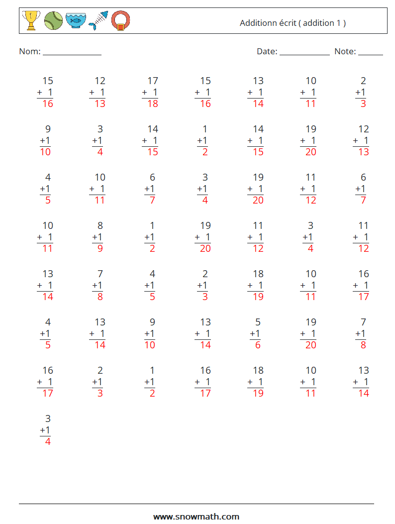 (50) Additionn écrit ( addition 1 ) Fiches d'Exercices de Mathématiques 12 Question, Réponse