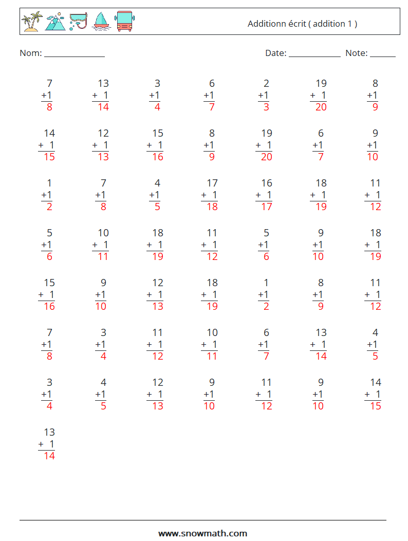 (50) Additionn écrit ( addition 1 ) Fiches d'Exercices de Mathématiques 13 Question, Réponse