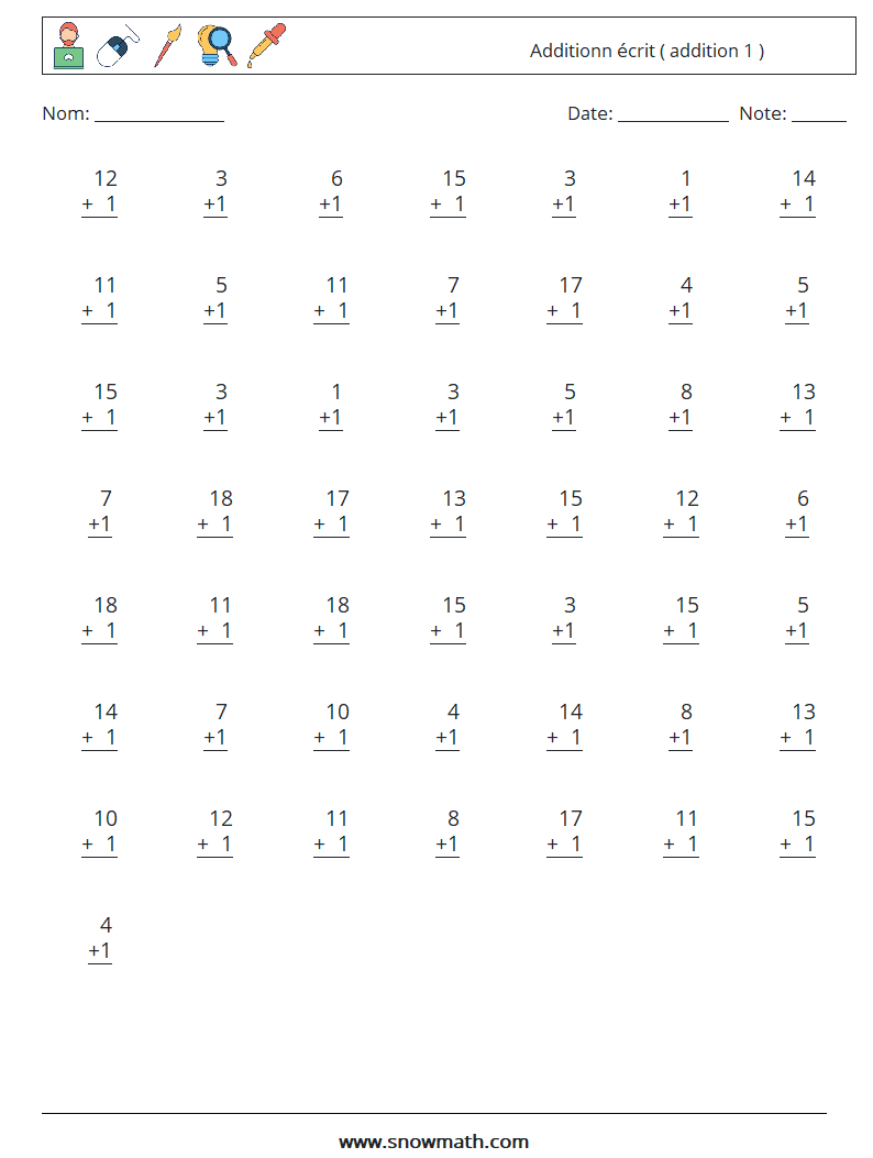 (50) Additionn écrit ( addition 1 ) Fiches d'Exercices de Mathématiques 14