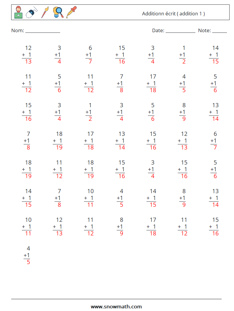 (50) Additionn écrit ( addition 1 ) Fiches d'Exercices de Mathématiques 14 Question, Réponse