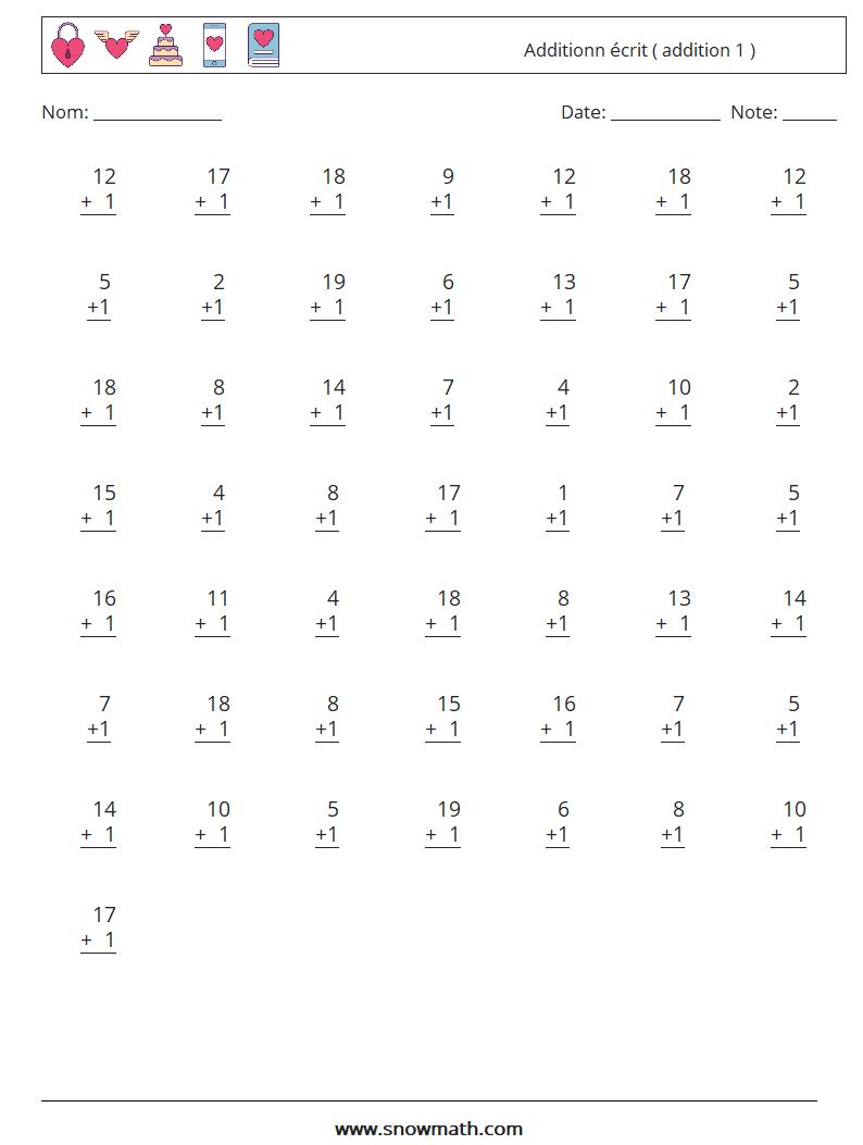 (50) Additionn écrit ( addition 1 ) Fiches d'Exercices de Mathématiques 15