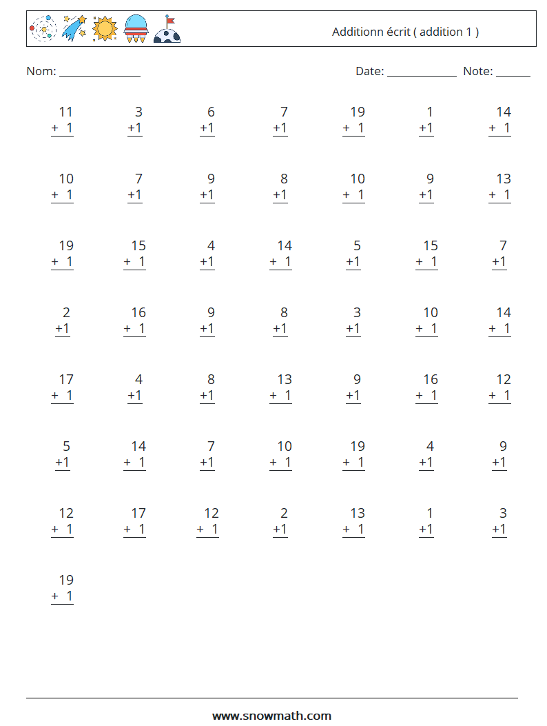 (50) Additionn écrit ( addition 1 ) Fiches d'Exercices de Mathématiques 18