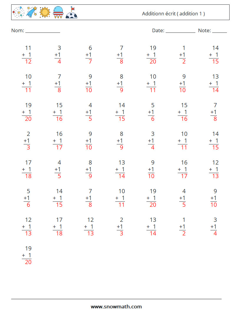 (50) Additionn écrit ( addition 1 ) Fiches d'Exercices de Mathématiques 18 Question, Réponse