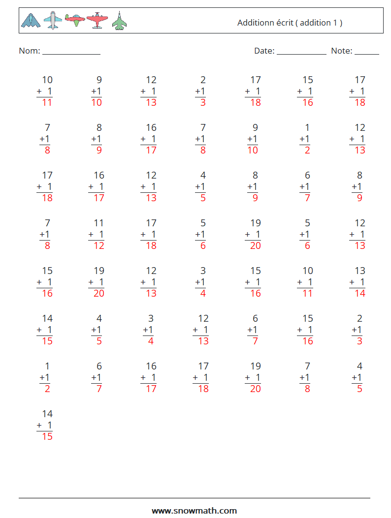 (50) Additionn écrit ( addition 1 ) Fiches d'Exercices de Mathématiques 1 Question, Réponse