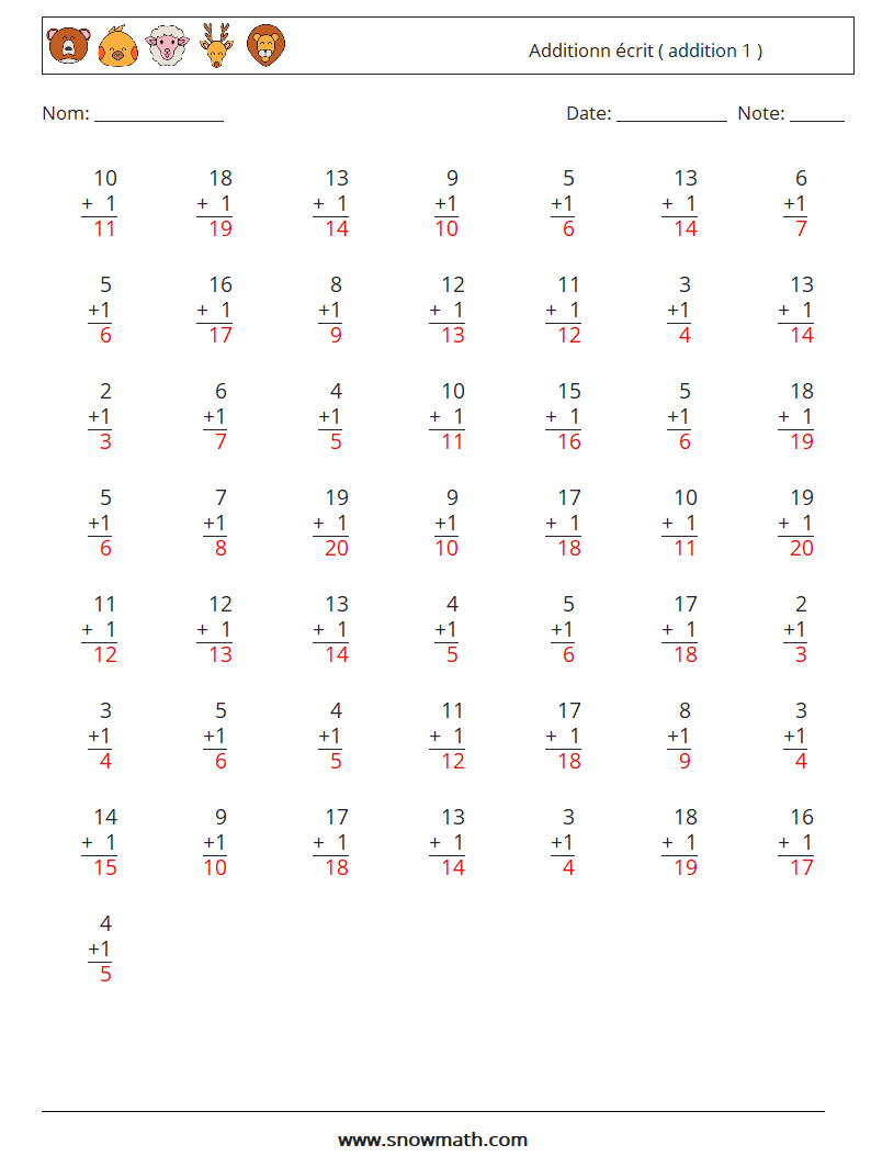 (50) Additionn écrit ( addition 1 ) Fiches d'Exercices de Mathématiques 2 Question, Réponse